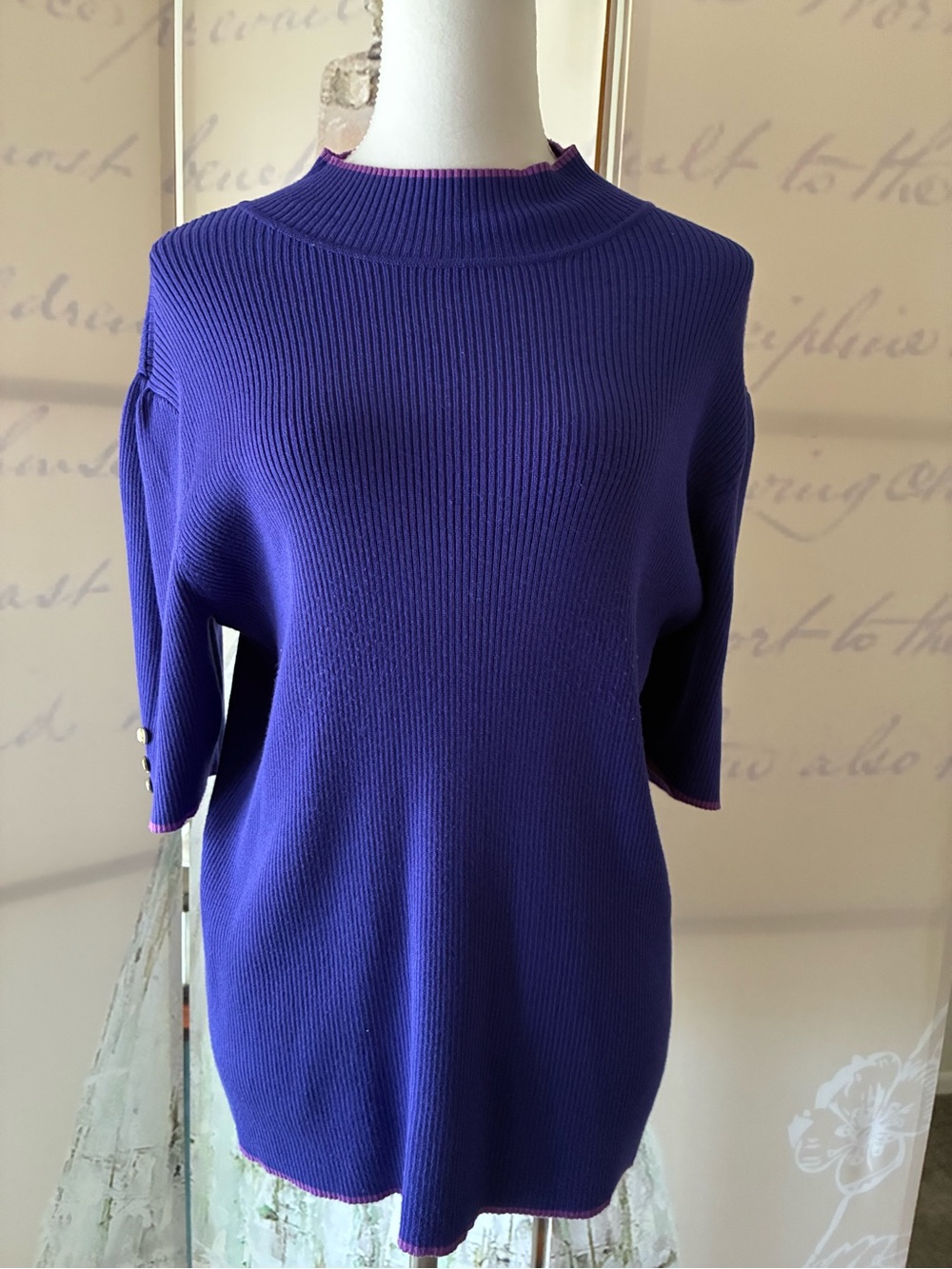 Liz Claiborne Purple Ribbed Crewneck Sweater with Button Sleeve Trim